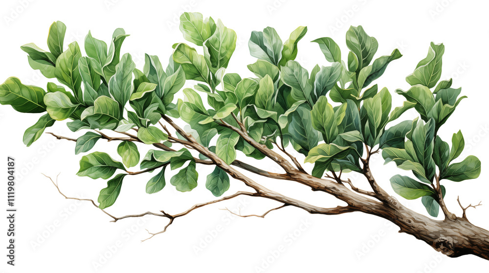 Obraz premium Watercolor illustration of a tropical oak branch with green leaves, isolated for artistic use, isolated on transparent background.