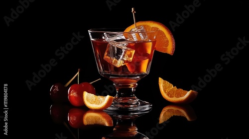 Elegant cherry and orange cocktails with ice cubes on a reflective surface against a sleek black background. photo