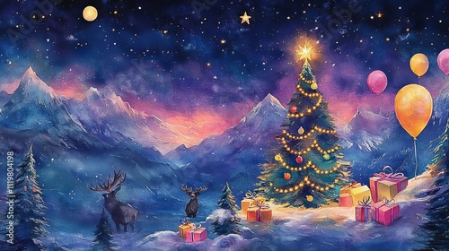Watercolor painting of a Christmas tree in the mountains, with gifts and deer under the moonlight among snow-covered pine trees. The scene features a starry sky, bright sun rays.