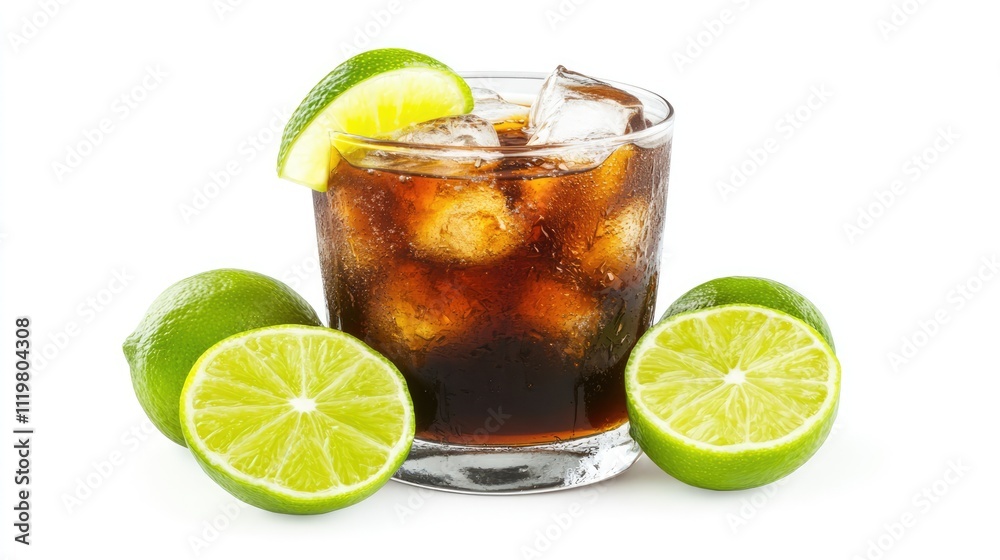 Cuba Libre cocktail in a glass with ice, garnished with lime wedges, alongside fresh halved limes, vibrant colors, refreshing drink, bar, mixology, tropical flavors. Cuba Libre cocktail in a glass with ice, garnished with lime wedges, alongside fresh halved limes, vibrant colors, refreshing drink, bar, mixology, tropical flavors.