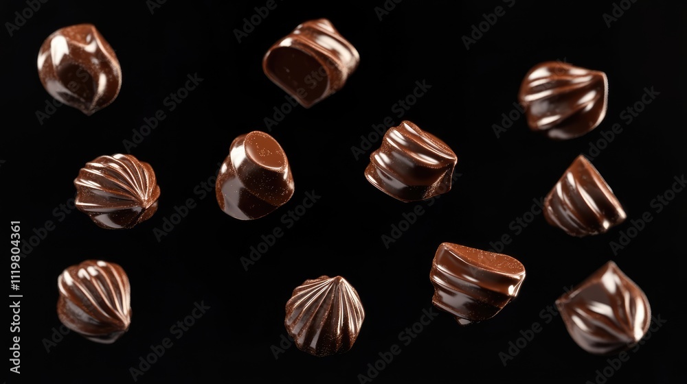 Assorted gourmet chocolate candies elegantly displayed on a black background showcasing their rich textures and shapes. Assorted gourmet chocolate candies elegantly displayed on a black background showcasing their rich textures and shapes.