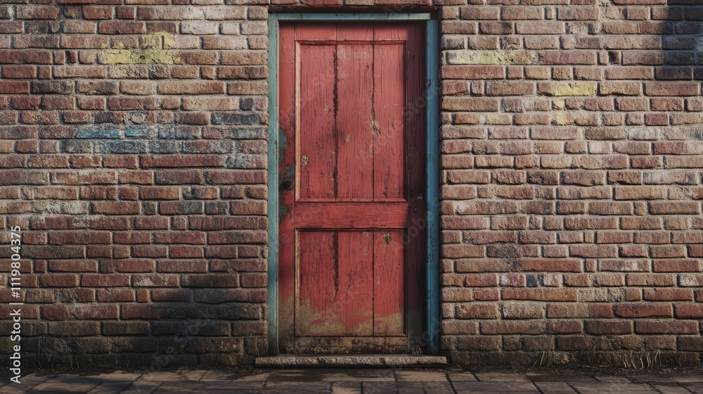 Abandoned brick wall with a bricked up red door and textured cinder block exterior showcasing weathered urban architecture Abandoned brick wall with a bricked up red door and textured cinder block exterior showcasing weathered urban architecture