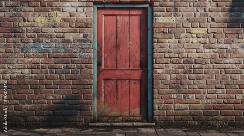 Abandoned brick wall with a bricked up red door and textured cinder block exterior showcasing weathered urban architecture