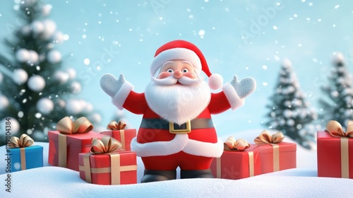 Santa Claus and gifts flat design front view North Pole theme 3D