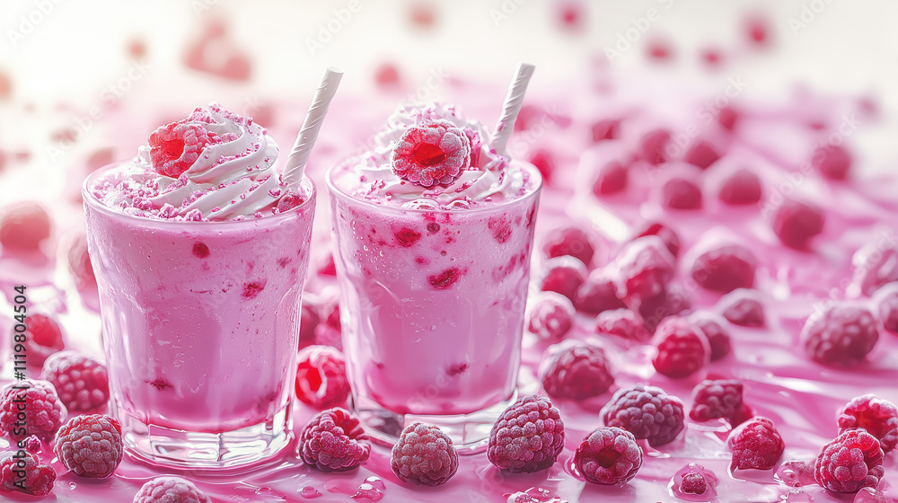 Delicious raspberry milkshakes topped with whipped cream and berries Delicious raspberry milkshakes topped with whipped cream and berries