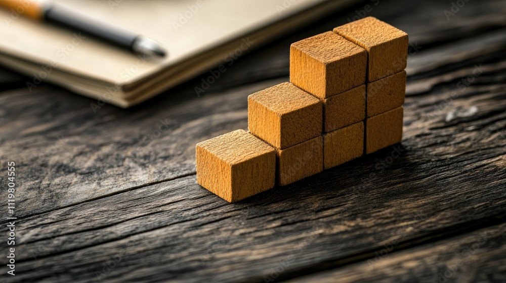 Bricks and Clicks business model analysis with key improvement points using wooden blocks on a rustic tabletop with notepad and pen