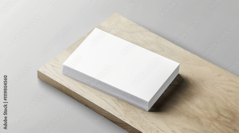 Fototapeta premium Blank White Business Cards Stacked on Wooden Surface Mockup