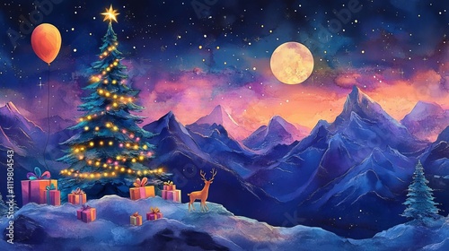 Watercolor painting of a Christmas tree in the mountains, with gifts and deer under the moonlight among snow-covered pine trees. The scene features a starry sky, bright sun rays.
