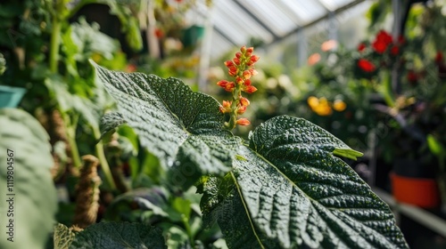 Exotic plant close-up highlighting thick juicy leaves and vibrant flora in a lush greenhouse environment. photo