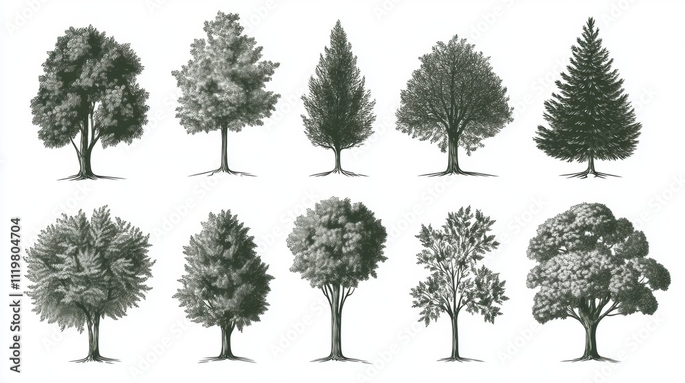 Fototapeta premium A collection of ten detailed tree illustrations showcasing various species in monochromatic tones.