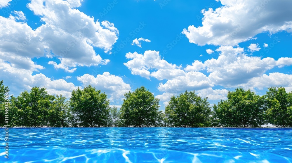 Fototapeta premium Vibrant blue swimming pool with lush green trees under a picturesque cloudy sky Ideal for summer relaxation and vacation themes