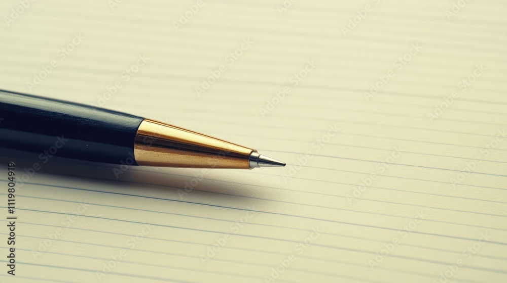 Close up of a black pen resting on lined notepaper creating a professional and minimalist writing concept against a light background Close up of a black pen resting on lined notepaper creating a professional and minimalist writing concept against a light background