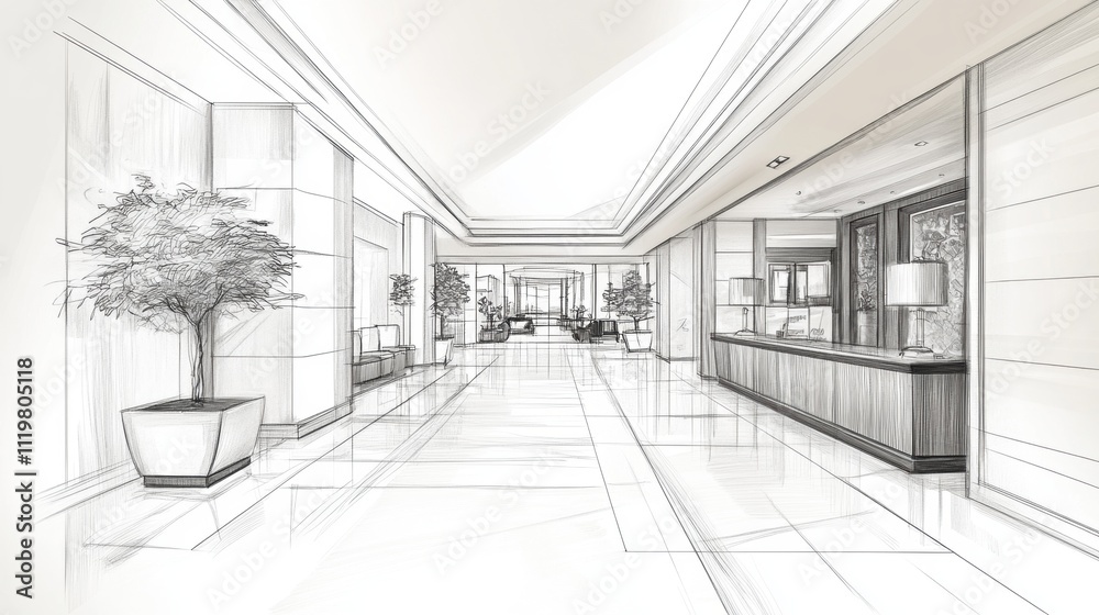 Elegant hotel lobby sketch showcasing modern design with sleek lines and greenery. Elegant hotel lobby sketch showcasing modern design with sleek lines and greenery.