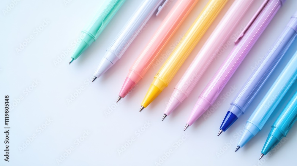 Fototapeta premium Pastel colored ballpoint pens arranged in a row on a clean white background, featuring a variety of soft hues, stationery, office supplies, creativity, writing tools.