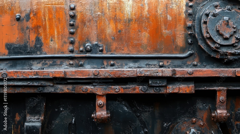 Detailed close-up of weathered locomotive side featuring rusty orange and black textures, rivets, and mechanical components, industrial design, vintage transport, machinery. Detailed close-up of weathered locomotive side featuring rusty orange and black textures, rivets, and mechanical components, industrial design, vintage transport, machinery.