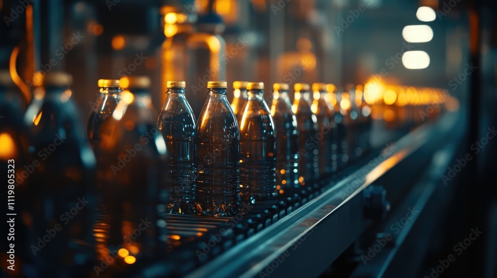 Close-up of water bottles aligned on a conveyor belt in a factory setting, illuminated with warm lighting, showcasing industrial production process, manufacturing, beverage industry. Close-up of water bottles aligned on a conveyor belt in a factory setting, illuminated with warm lighting, showcasing industrial production process, manufacturing, beverage industry.