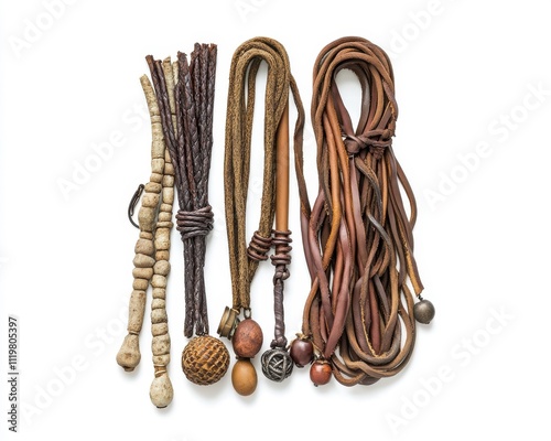 Collection of various handcrafted cords and strings on white isolated background.