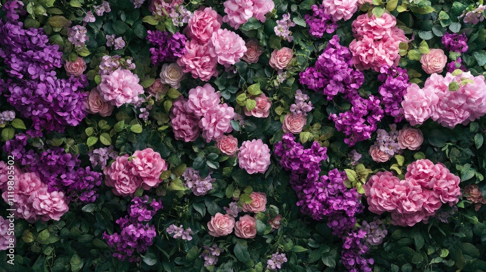 Vibrant floral wall design featuring pink and purple flowers with lush green foliage for outdoor spaces and garden decor inspiration Vibrant floral wall design featuring pink and purple flowers with lush green foliage for outdoor spaces and garden decor inspiration