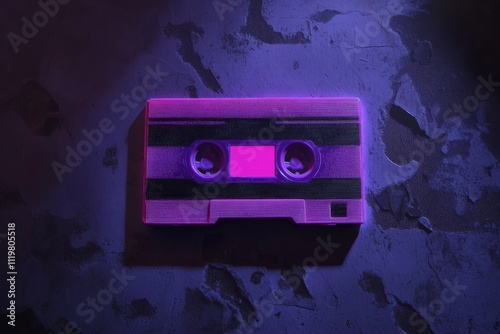 Retro cassette tape in vibrant purple light against a textured dark background, evoking nostalgia and memories of the analog music era with unique visual appeal. photo