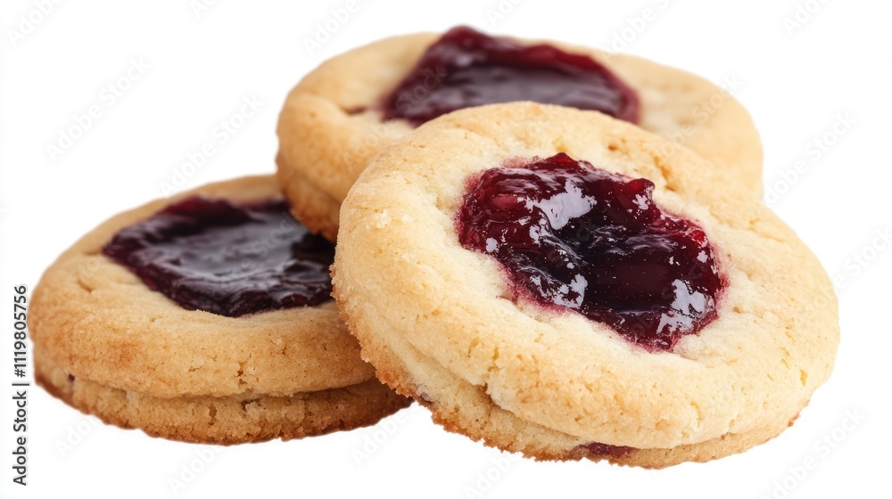 Close-up view of jam-filled cookies arranged on a white background, featuring a golden brown exterior and rich red jam center, dessert, sweet treat, baking, food photography. Close-up view of jam-filled cookies arranged on a white background, featuring a golden brown exterior and rich red jam center, dessert, sweet treat, baking, food photography.