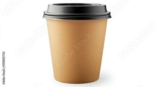 Brown paper coffee cup with black lid positioned centrally on a clean white background, ideal for branding or design purposes, mockup, minimalistic style, drinkware, takeaway.