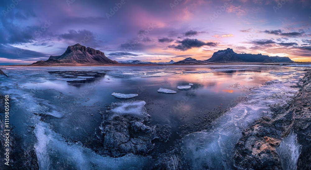 Fototapeta premium Icelandic Landscape Sunset Mountains Ice Water Reflection