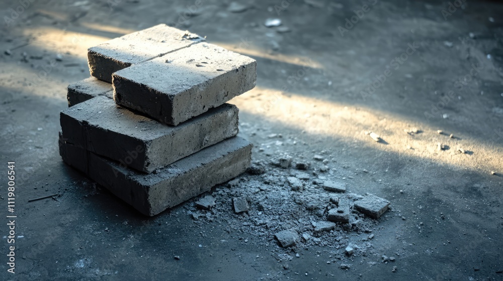 Broken brick blocks scattered on a dusty cement floor with natural light creating a textured backdrop for design or construction themes Broken brick blocks scattered on a dusty cement floor with natural light creating a textured backdrop for design or construction themes