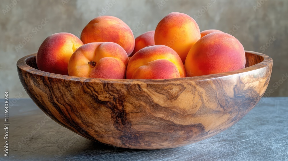 Fresh peaches in a hand carved wooden bowl highlighting natural textures and vibrant colors perfect for culinary or decorative themes Fresh peaches in a hand carved wooden bowl highlighting natural textures and vibrant colors perfect for culinary or decorative themes