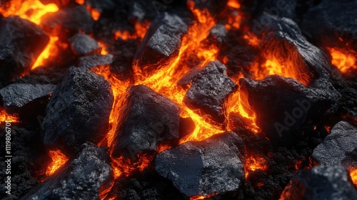 Glowing embers of coarse anthracite coal highlighting the contrast between dark rock and fiery orange flames in a dramatic close-up setting