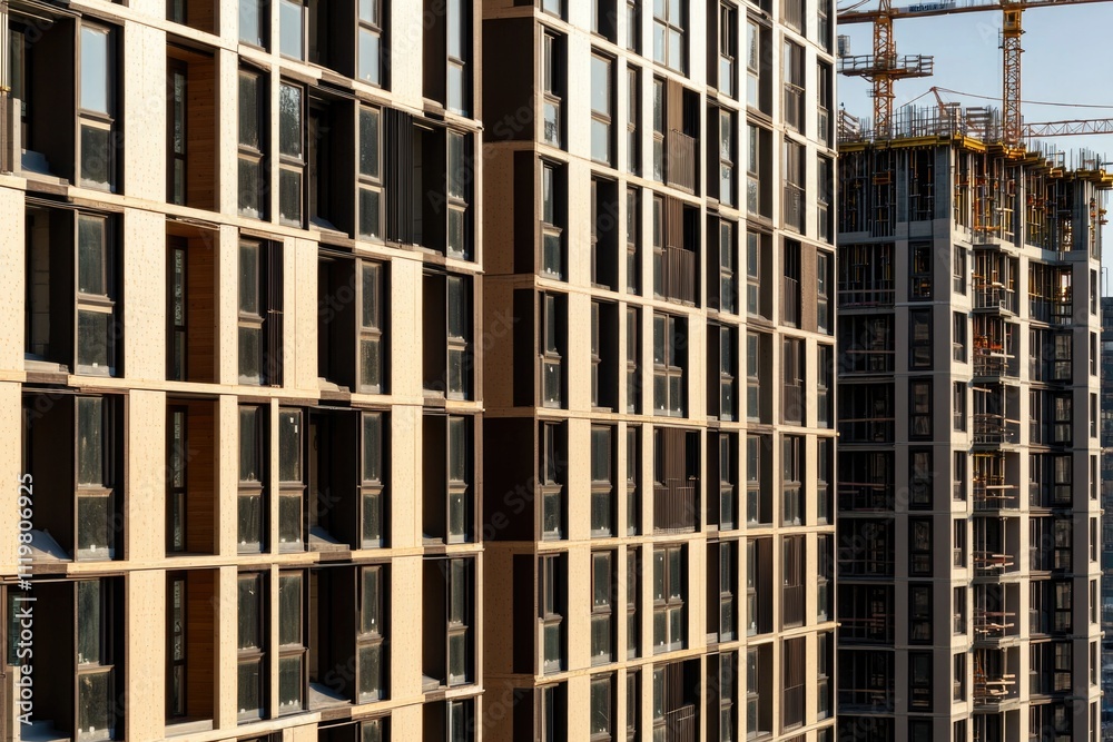 A tall building with many windows beside a crane, great for cityscape or construction theme images A tall building with many windows beside a crane, great for cityscape or construction theme images