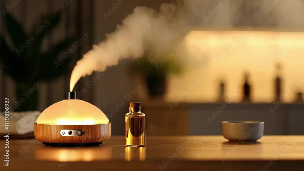 Aromatherapy diffuser with essential oil bottle and soft lighting in a cozy setting - water wellness