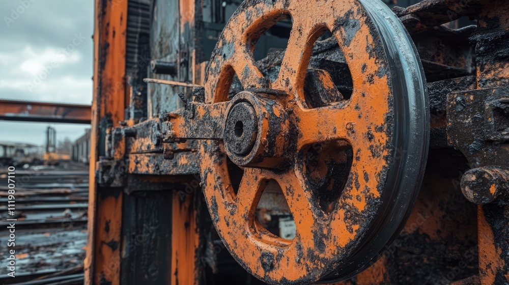 Rusty steel wheel of a gantry crane with weathered finish showcasing decay and industrial wear in an outdoor setting. Rusty steel wheel of a gantry crane with weathered finish showcasing decay and industrial wear in an outdoor setting.