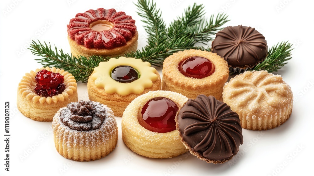 Christmas cookies decorated with chocolate marzipan and jelly arranged with fir branches on a white background featuring shallow depth of field. Christmas cookies decorated with chocolate marzipan and jelly arranged with fir branches on a white background featuring shallow depth of field.
