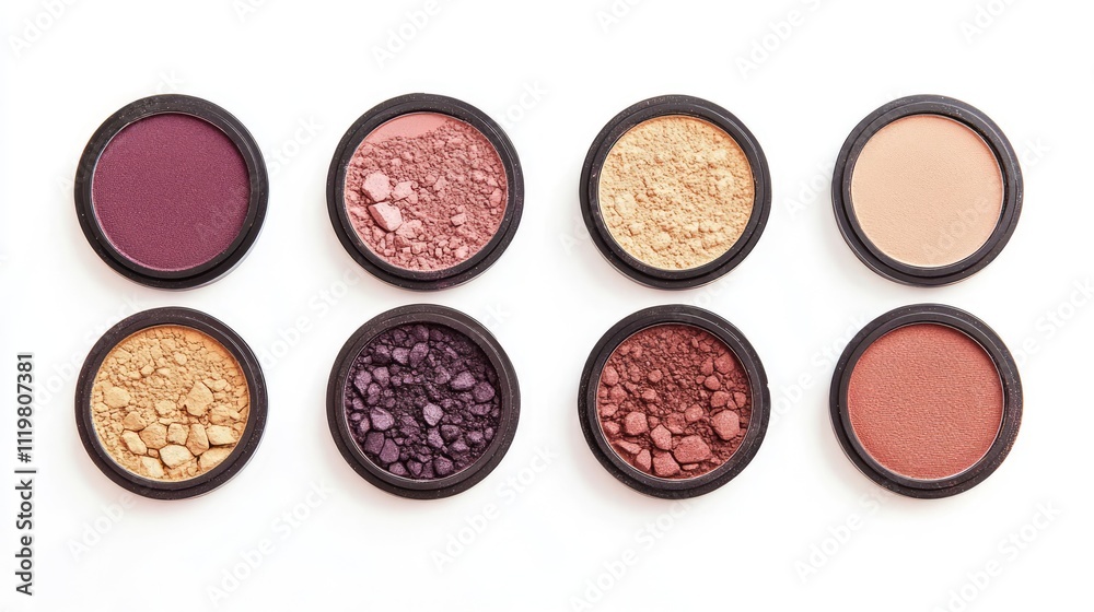 Compact face powders in various shades arranged in a top view collection on a clean white background for makeup and beauty themes. Compact face powders in various shades arranged in a top view collection on a clean white background for makeup and beauty themes.