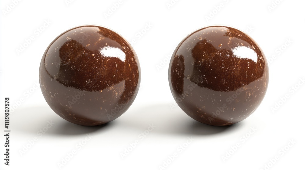 Chocolate ball candies depicted in two distinct perspectives against a white background highlighting their glossy surface and texture. Chocolate ball candies depicted in two distinct perspectives against a white background highlighting their glossy surface and texture.