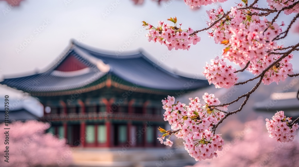 Cherry blossoms in South Korea with traditional architecture and soft focus background during spring season Cherry blossoms in South Korea with traditional architecture and soft focus background during spring season