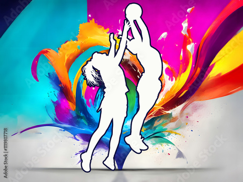 Sport Silhouette on Colorful Splash Background - Ladies netball players competing for ball in air