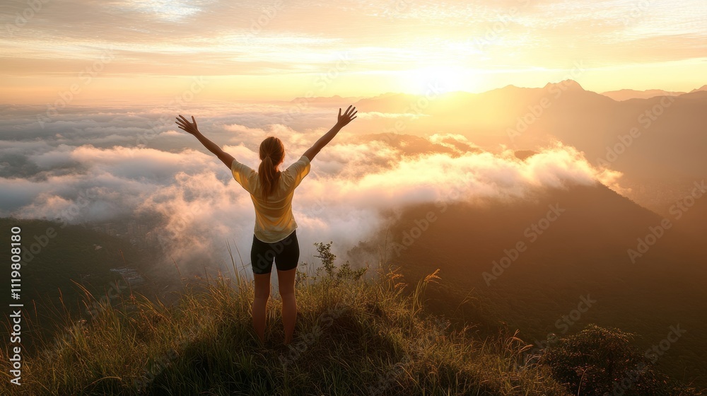 Woman Reaching New Heights At Sunrise, Celebrating Success On Mountain Top Above Clouds Woman Reaching New Heights At Sunrise, Celebrating Success On Mountain Top Above Clouds