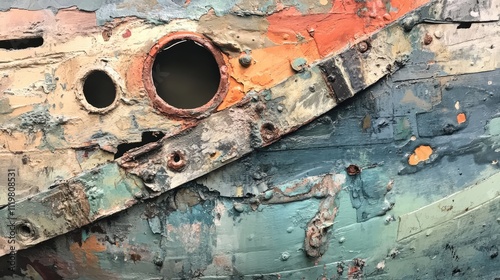 Detailed closeup of weathered fiberglass hull showcasing rust and paint textures from an abandoned fishing trawler in need of restoration. photo