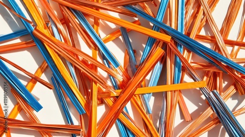Abstract background of scattered orange and blue plastic sticks on white surface.