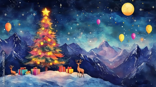 Watercolor painting of a Christmas tree in the mountains, with gifts and deer under the moonlight among snow-covered pine trees. The scene features a starry sky, bright sun rays.