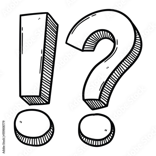 Hand drawn doodle exclamation point and question mark on white background.