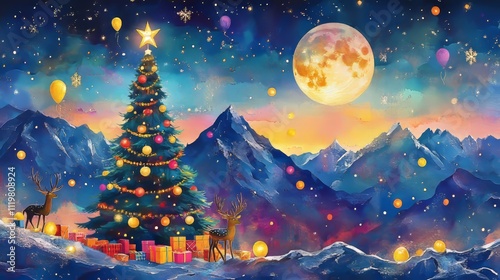 Watercolor painting of a Christmas tree in the mountains, with gifts and deer under the moonlight among snow-covered pine trees. The scene features a starry sky, bright sun rays.