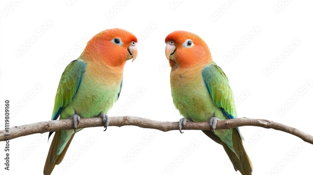 Pair of colorful parrots perched closely on a branch highlighting their vibrant plumage against a clean white background. Pair of colorful parrots perched closely on a branch highlighting their vibrant plumage against a clean white background.