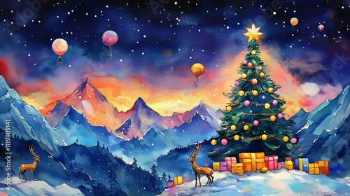 Watercolor painting of a Christmas tree in the mountains, with gifts and deer under the moonlight among snow-covered pine trees. The scene features a starry sky, bright sun rays.