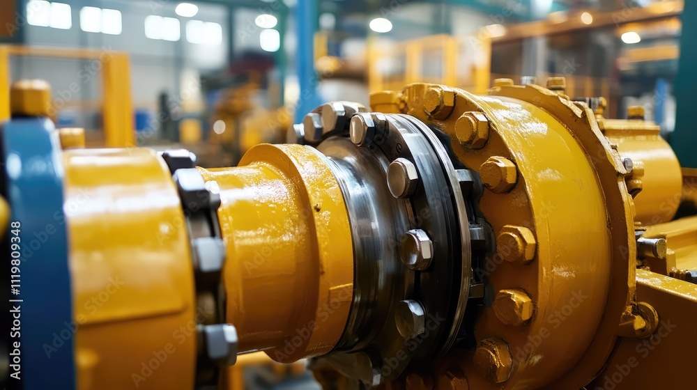 Obraz premium Closeup View Of Hydraulic System Components In Heavy Industrial Machinery Under Maintenance