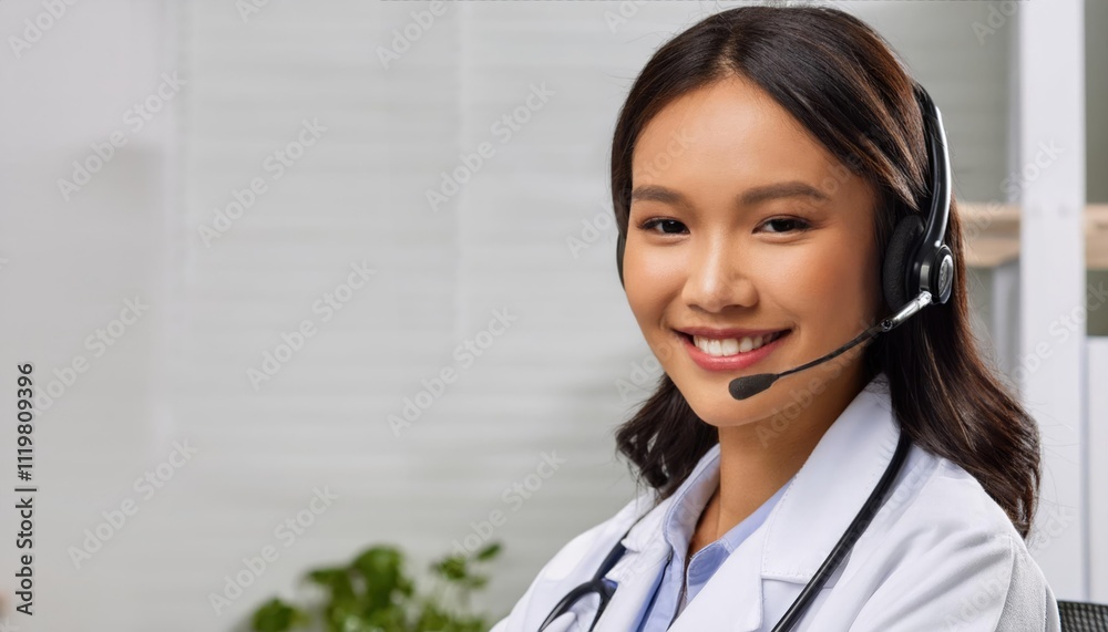 Doctor in a white coat, wearing a headset, smiling at the camera during an online consultation Doctor in a white coat, wearing a headset, smiling at the camera during an online consultation