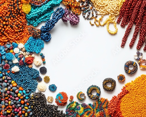 Colorful beads arranged circularly on a white background. photo