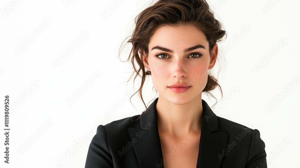 Confident businesswoman in black blazer posing against white background embodying empowerment and professionalism in the workplace Confident businesswoman in black blazer posing against white background embodying empowerment and professionalism in the workplace