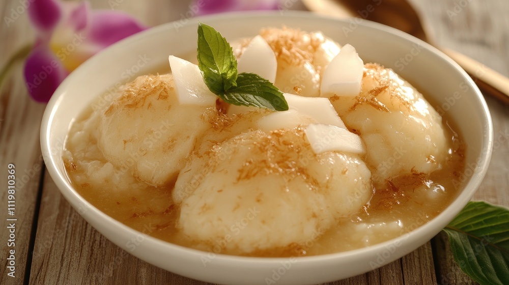 Javanese Bubur Sumsum dessert with coconut milk and palm sugar served in a bowl garnished with mint and coconut during Ramadan festivities Javanese Bubur Sumsum dessert with coconut milk and palm sugar served in a bowl garnished with mint and coconut during Ramadan festivities